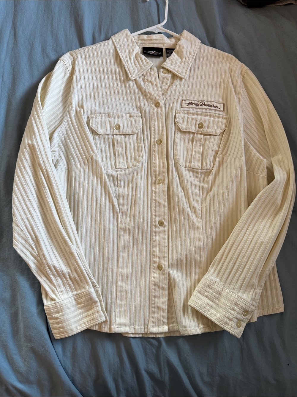 Harley-Davidson Cream Striped Button-Down Shirt with Chest Pockets